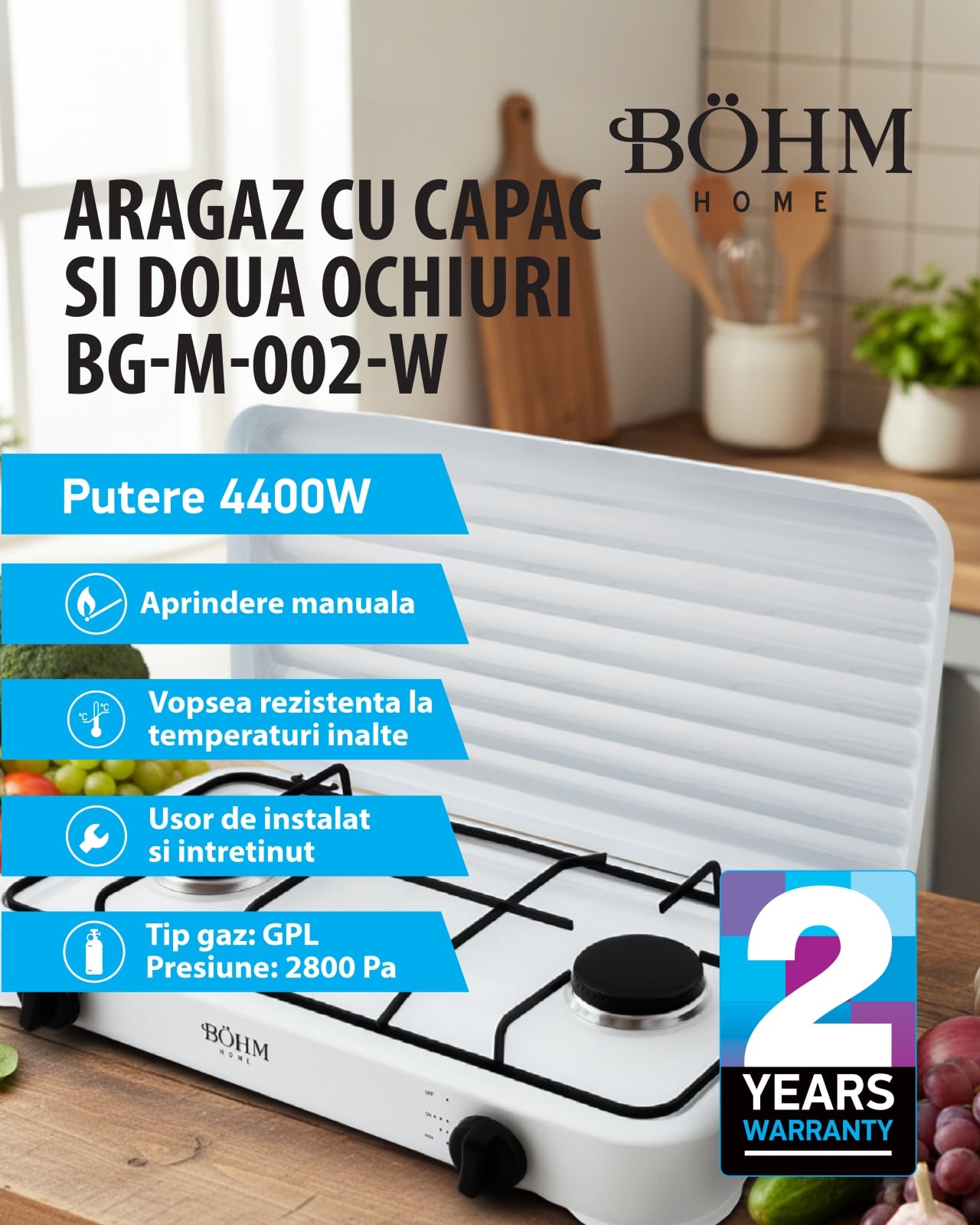 Plita Gaz 2 Arzatoare Bohm BG-M-002-W, 4.4kW, aprindere electrica, alb - imagine produs