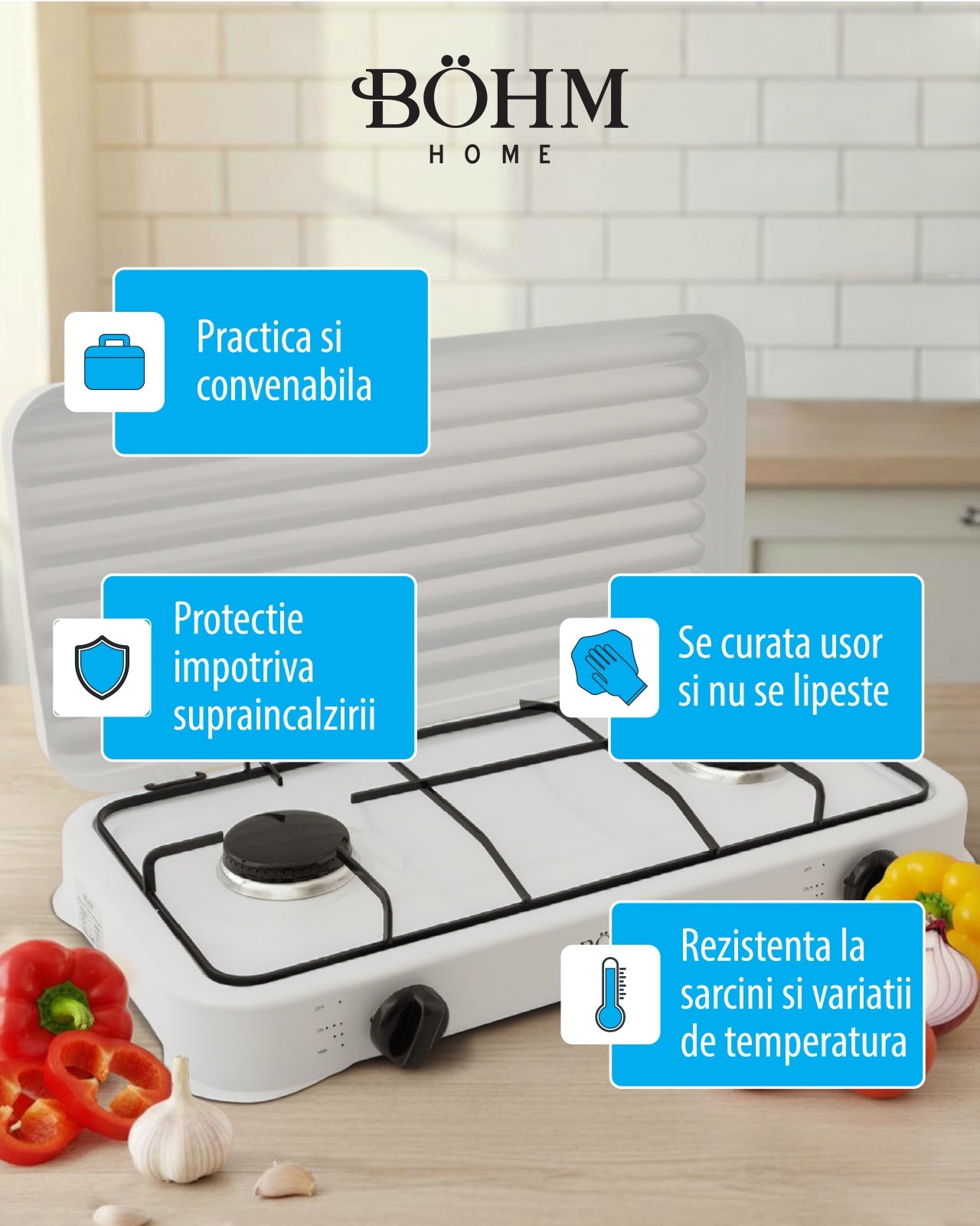 Plita Gaz 2 Arzatoare Bohm BG-M-002-W, 4.4kW, aprindere electrica, alb - detaliu 8