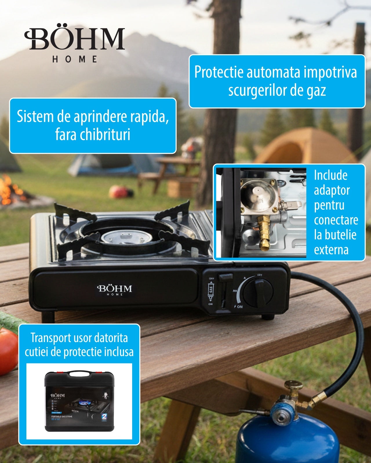 Plita Gaz Camping Bohm BG-K-001+L, GPL, 2.3kW, racord metalic inclus - detaliu 12