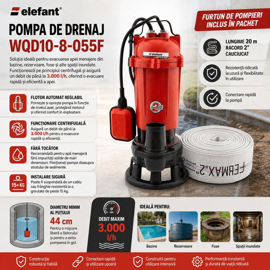 Pompa apa murdara Elefant, 550w, 220v, 50l/min, inaltime refulare 8m, racord 2", include furtun pompieri cauciucat 20m
