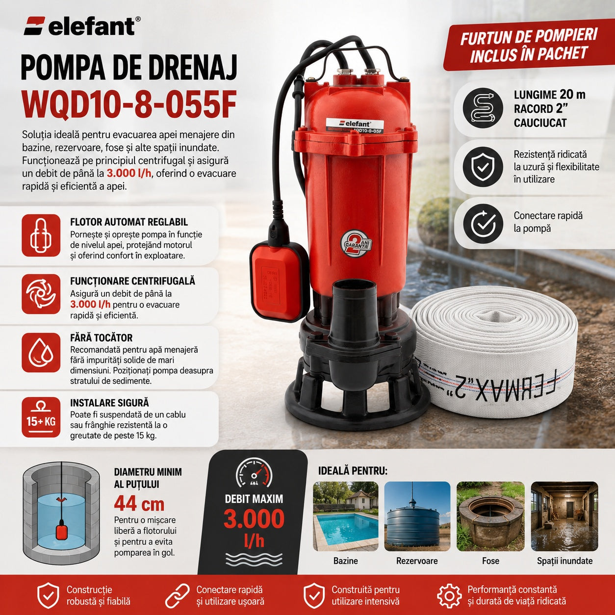 Pompa apa murdara Elefant, 550w, 220v, 50l/min, inaltime refulare 8m, racord 2", include furtun pompieri cauciucat 20m