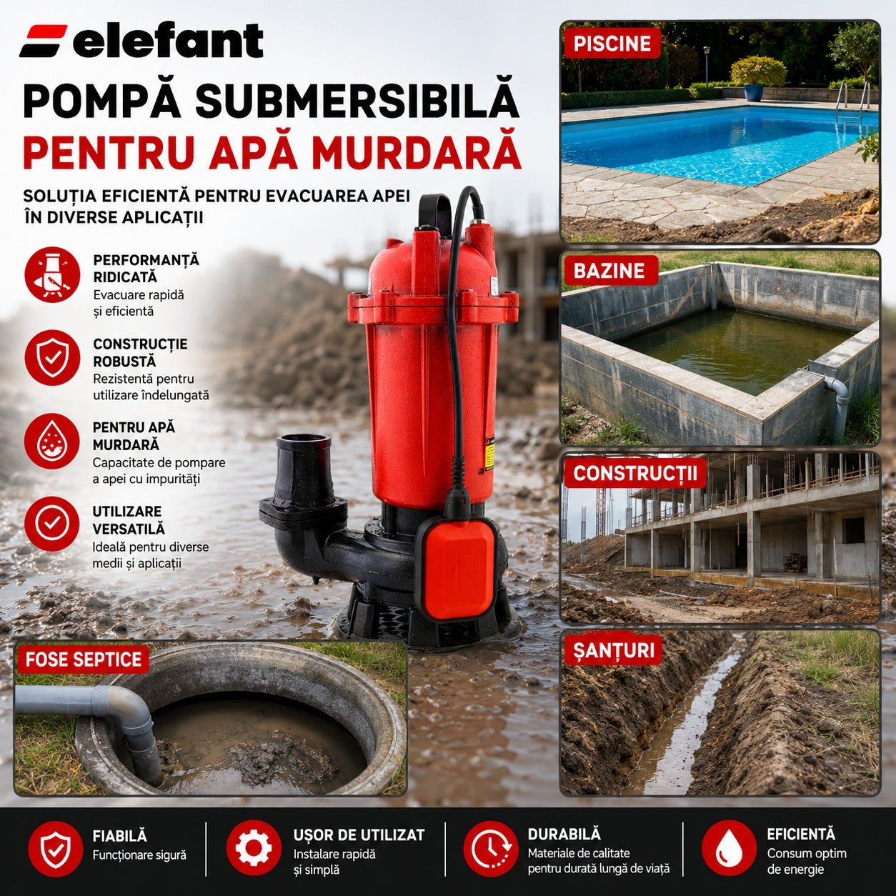 Pompa apa murdara Elefant, 550w, 220v, 50l/min, inaltime refulare 8m, racord 2", include furtun pompieri cauciucat 20m