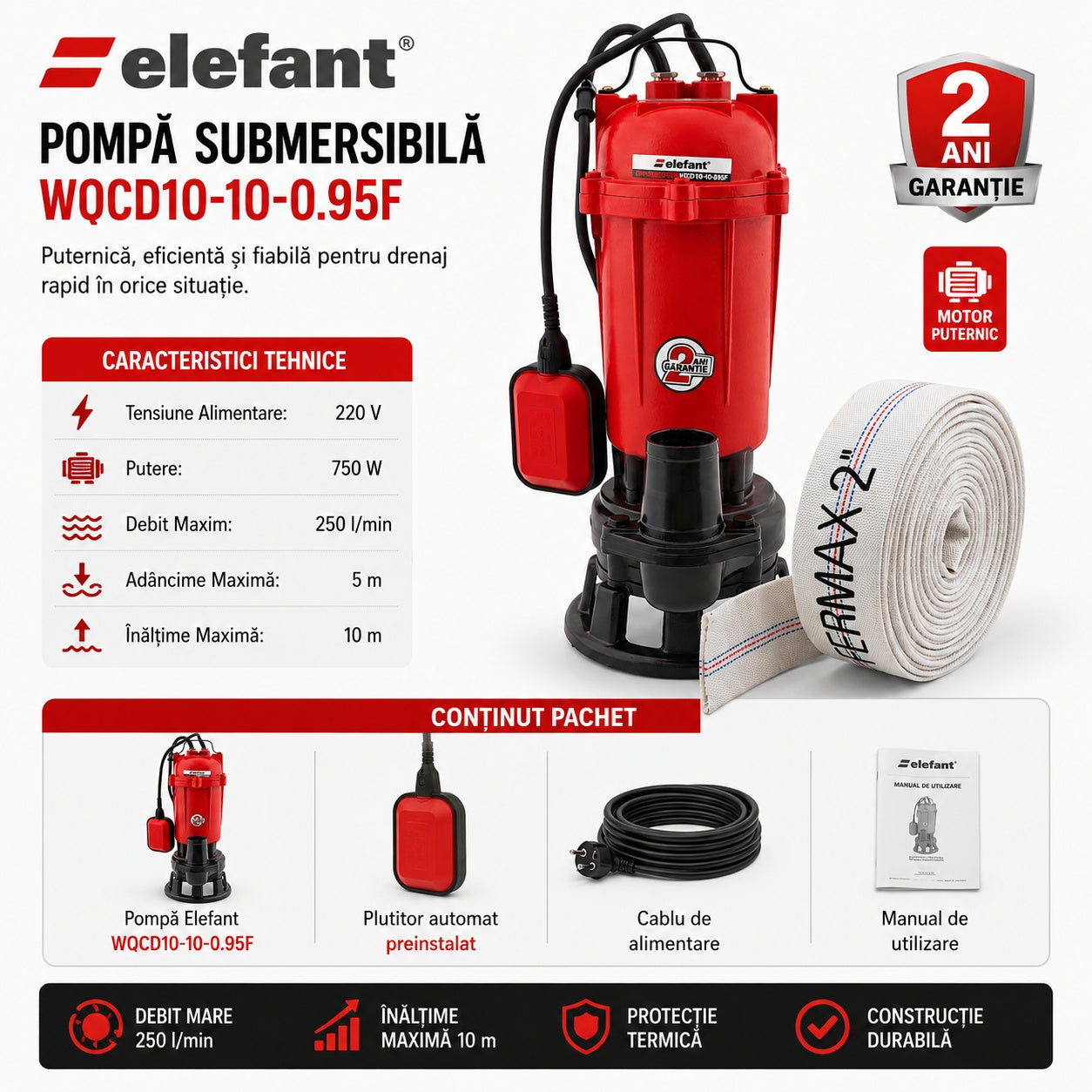 Pompa submersibila apa murdara cu tocator Elefant, 750w, 220v, 2850rpm, 250l/min, inaltime refulare 10, adancime maxima