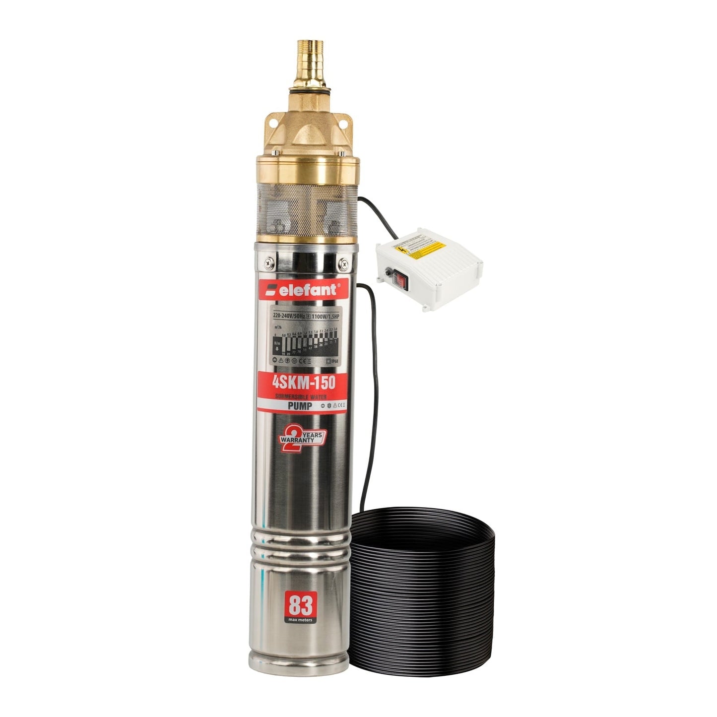 Pompa submersibila Elefant 4SKM150 1100W, 70m adancime, 95m refulare, debit 50L/min, 1”, 2850rpm, cablu 20m, rotor alama, turbina bronz