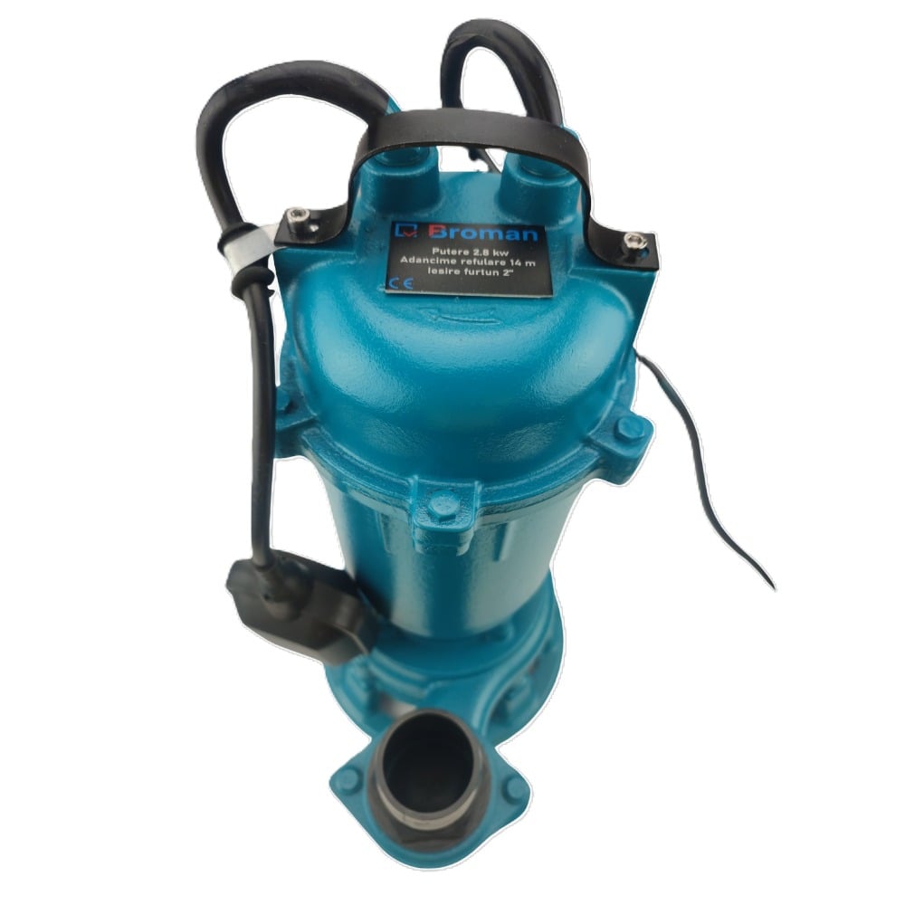 Pachet Pompa submersibila BROMAN WQCD 2.8 kW cu tocator si flotor + Furtun refulare plat PVC 2" 50 m