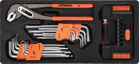 Dulap de scule STHOR cu 6 sertare, 302 piese, otel CrV, inchidere centralizata, blat antiderapant, roti cu frana