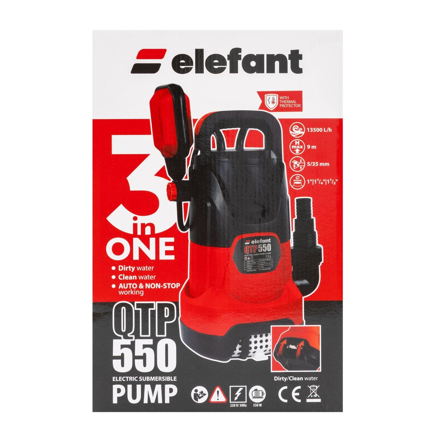 Pompa Submersibila Elefant QTP550, 550W, 13500L/h, 9m, Apa Curata si Murdara, Flotor Automat