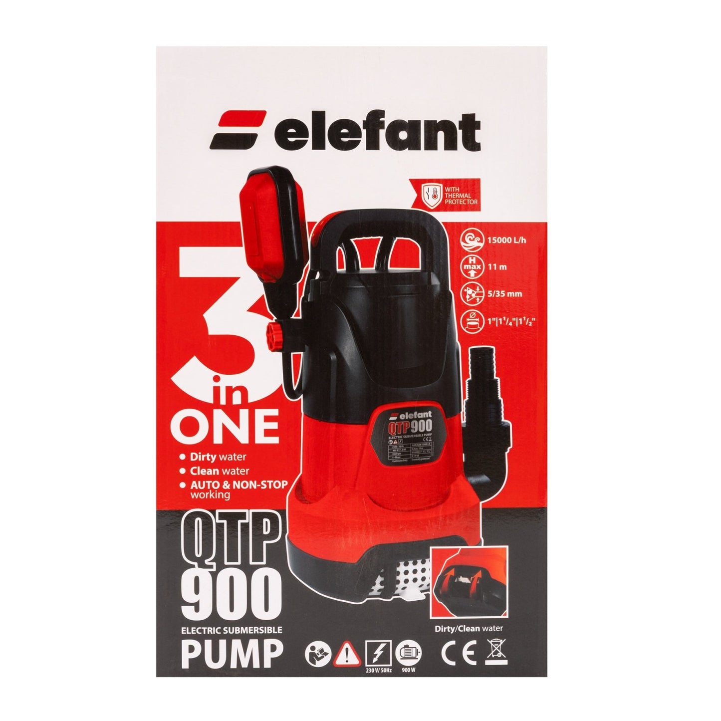 Pompa submersibila QTP900 pentru apa curata si murdara, 900W, debit 15000 l/h, inaltime refulare 11m, adancime 7m, racord 1”