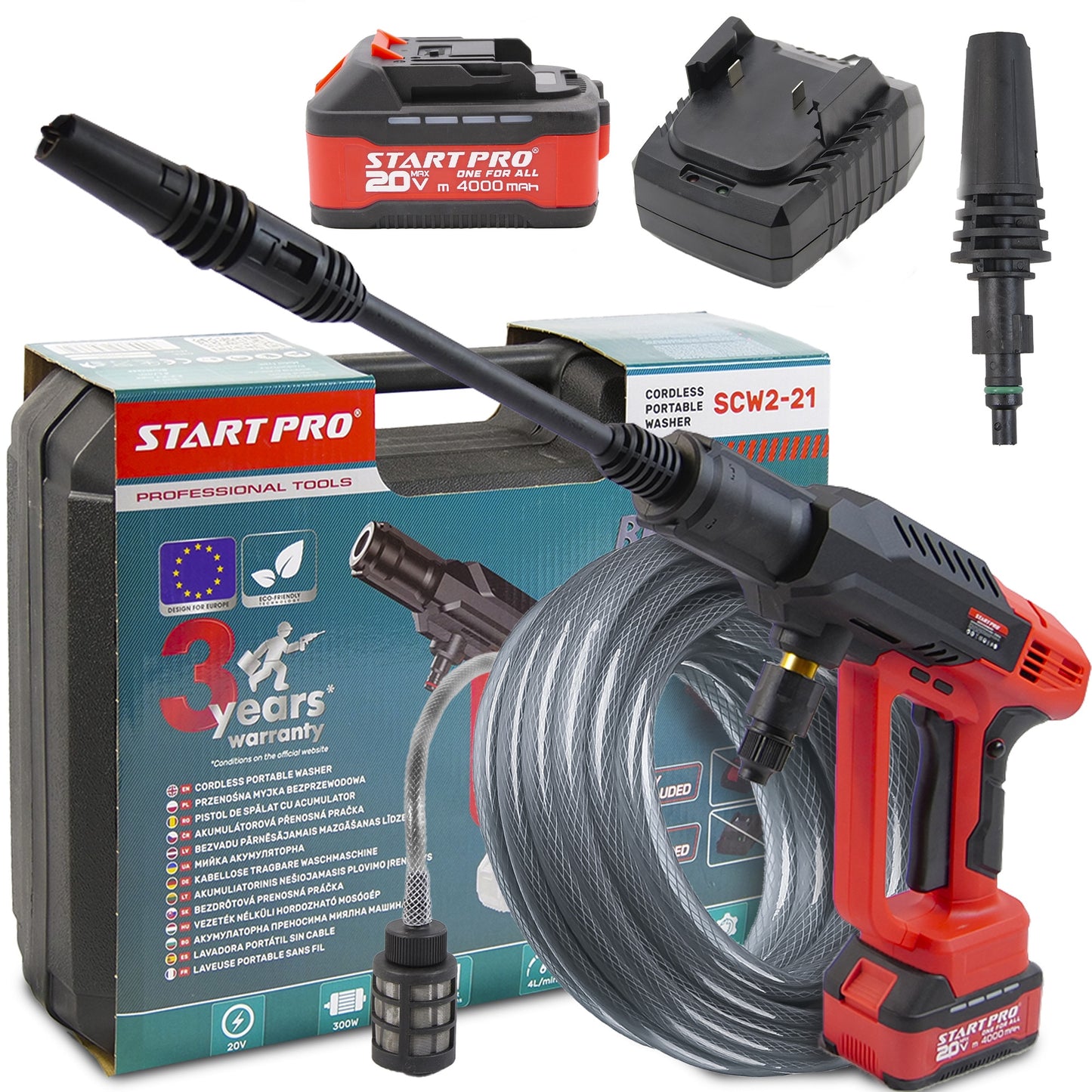 Aparat spalat presiune STARTPRO SCW2-21 20V, 27 bar, 4Ah, cu acumulator, incarcator, furtun 5m