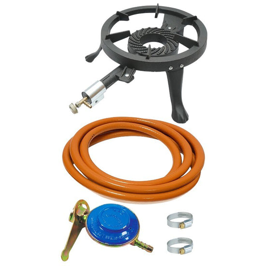 Pachet arzator ZEP pirostrie 3 picioare fonta + Set regulator reglabil butelie GPL cu furtun 2 m si accesorii
