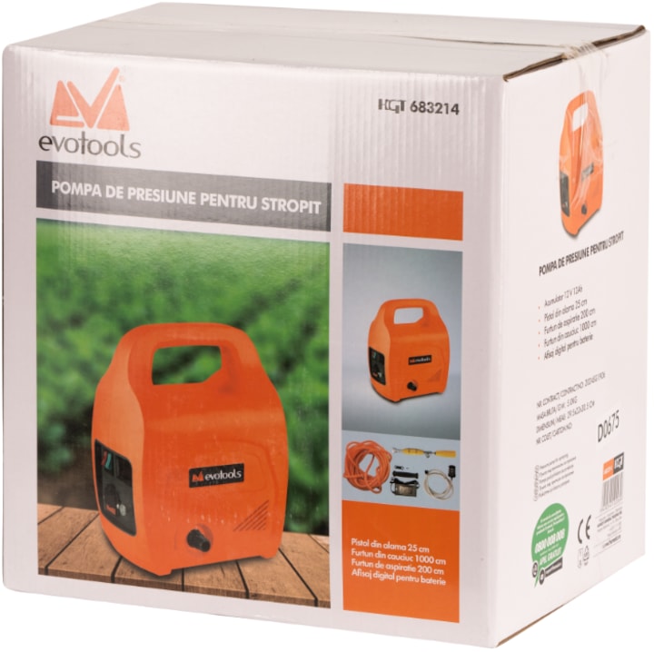Pompa de presiune pentru stropit Evotools, 12V 12Ah, 7 bar, furtun 10 m, pistol alama