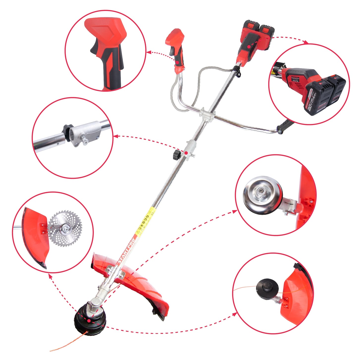Motocoasa cu acumulator PROFESIONALA StartPro 40V, 8000rpm, 2 baterii 4Ah, 420mm, lama + fir