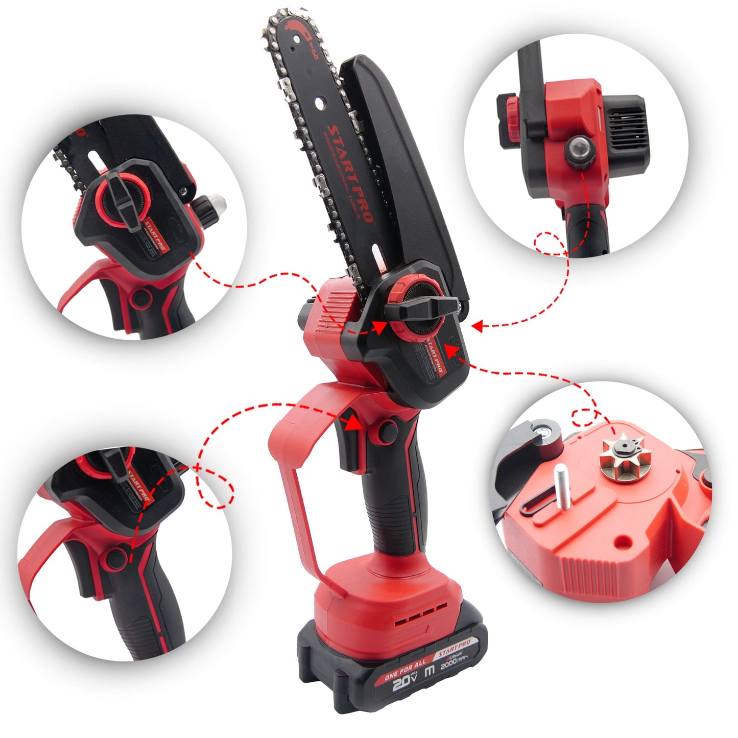 Mini ferastrau cu lant STARTPRO SBS2-21/6M 20V, 6 inch, 2 baterii 2Ah, 2 lanturi, portabil