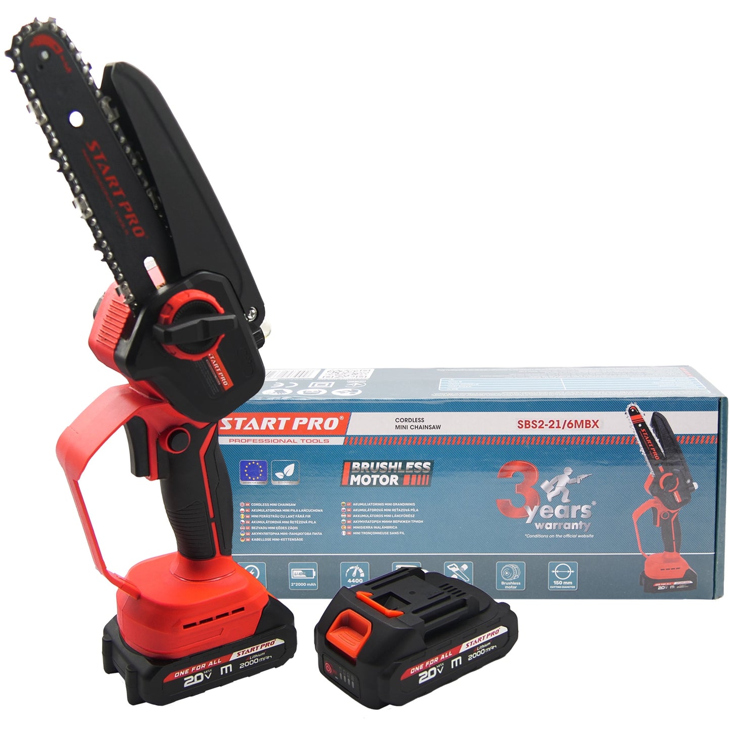 Mini ferastrau cu lant STARTPRO SBS2-21/6MBX 20V, 6 inch, 2 baterii, 2 lanturi, portabil