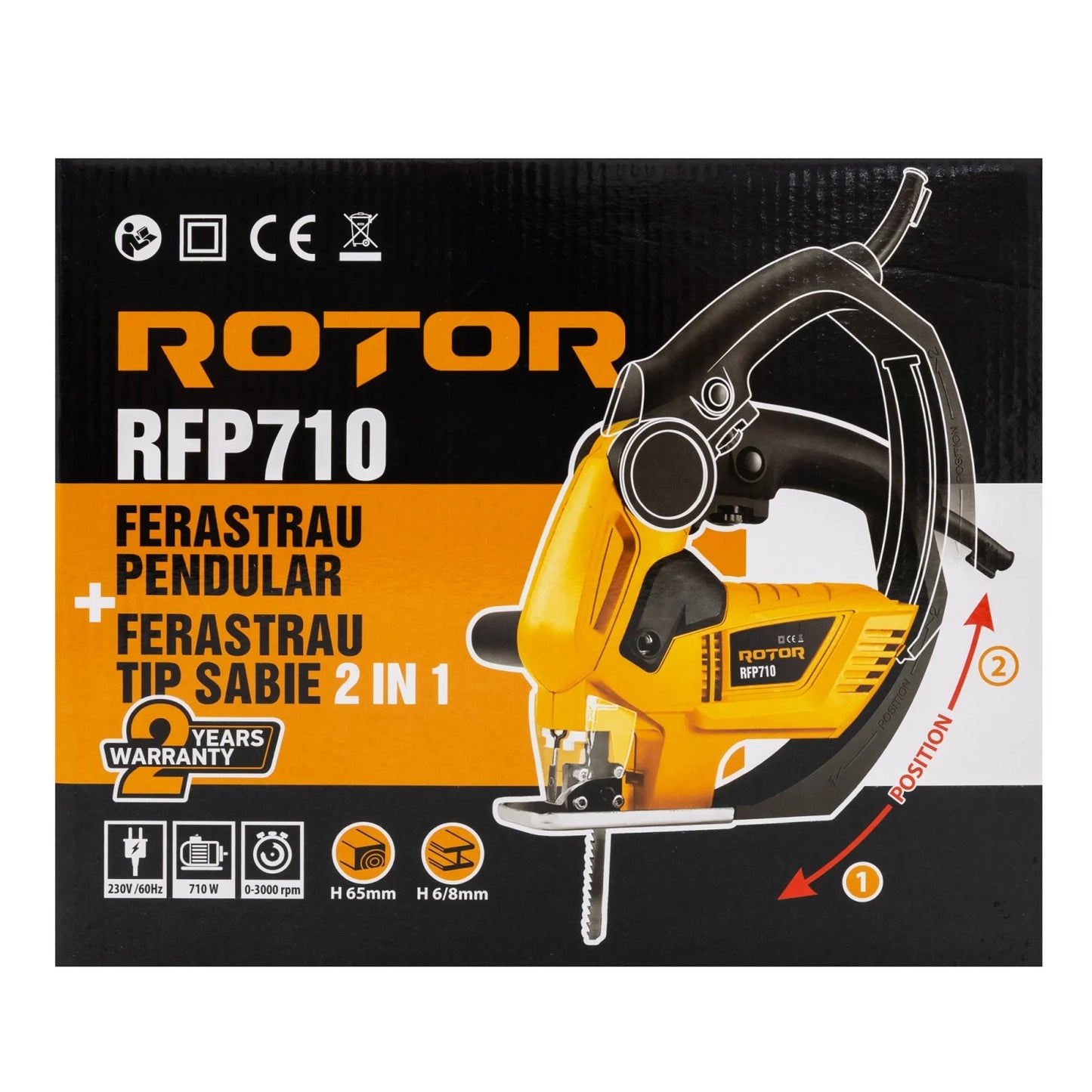 Fierastrau pendular + sabie 2in1 Rotor RFP710, 710W, 3000 rpm, taiere lemn 65 mm, otel 8 mm