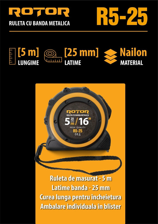 Ruleta ROTOR R5-25, 5m x 25mm, auto-blocare, curea de mana