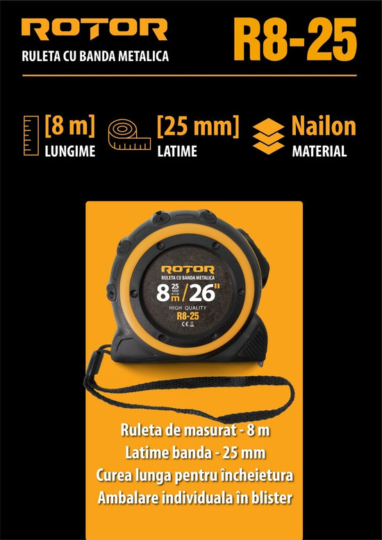 Ruletă 8m x 25mm ROTOR R8-25, Curea de mână, Auto-blocare