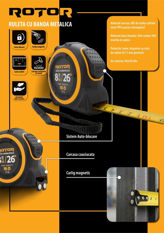 Ruletă 8m x 25mm ROTOR R8-25, Curea de mână, Auto-blocare
