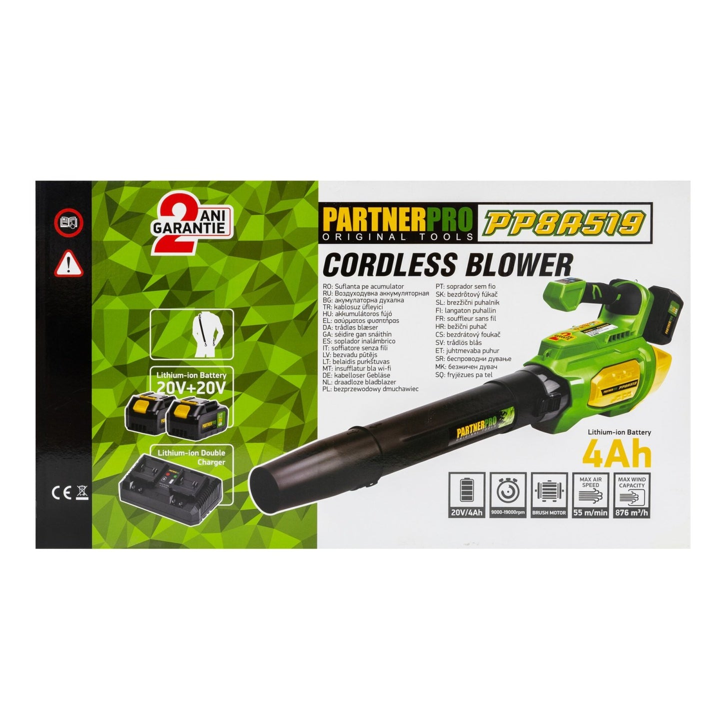 Suflanta pe acumulator PARTNERPRO PP8A519, 2x20V 4Ah Li-Ion, 55 m/s, 515 CFM, incarcator dublu inclus