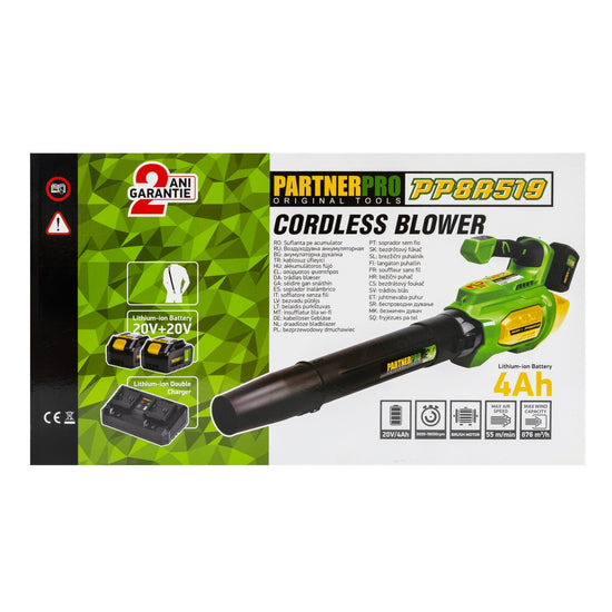 Suflanta pe acumulator PARTNERPRO PP8A519, 2x20V 4Ah Li-Ion, 55 m/s, 515 CFM, incarcator dublu inclus