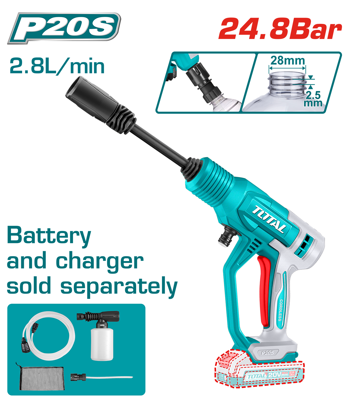 Aparat de spalat cu presiune TOTAL 20V, portabil, 24.8 bar, autoabsorbtie, Li-Ion