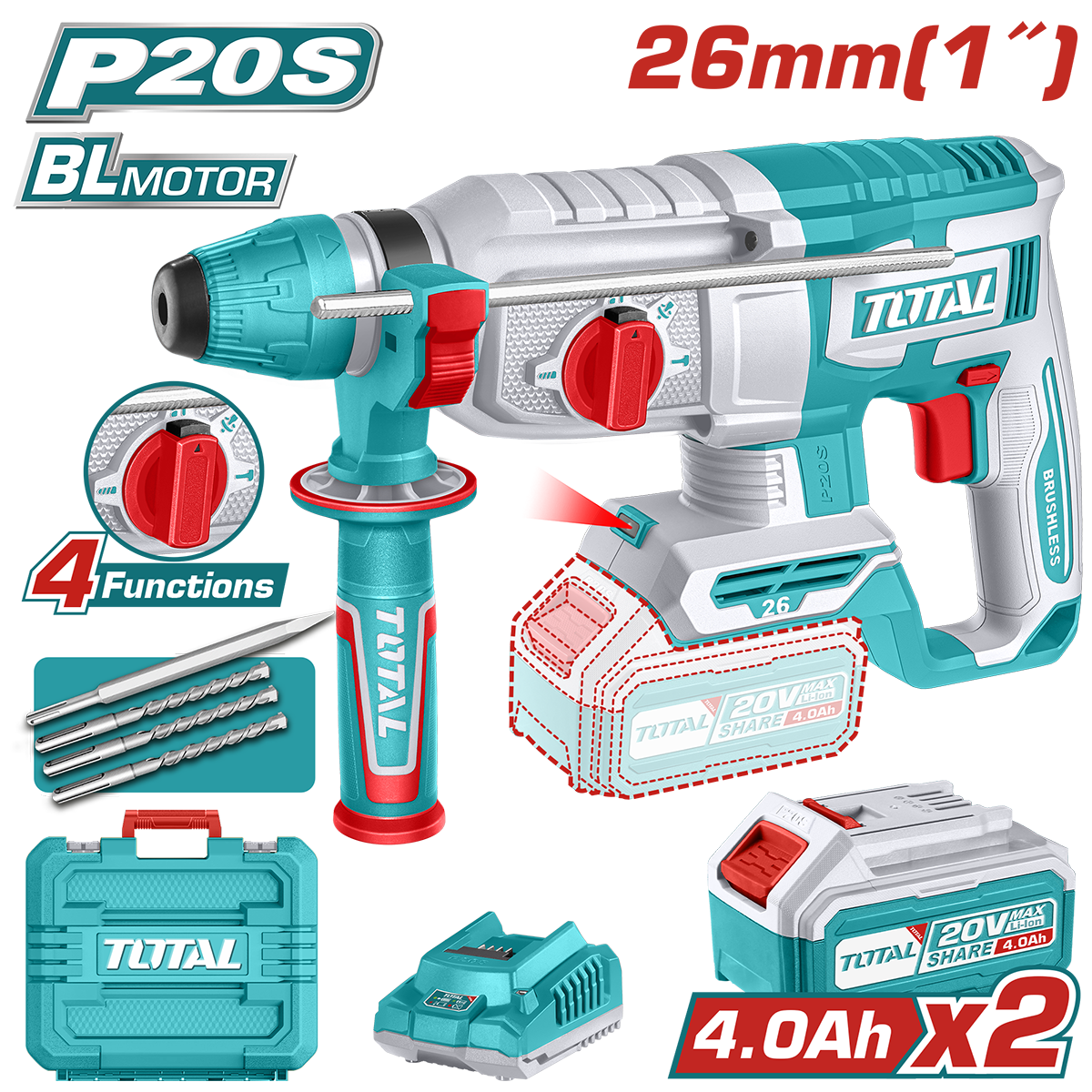 Ciocan rotopercutor TOTAL 20V, 2.5 J, brushless, SDS Plus, 2 acumulatori 4.0Ah, incarcator inclus