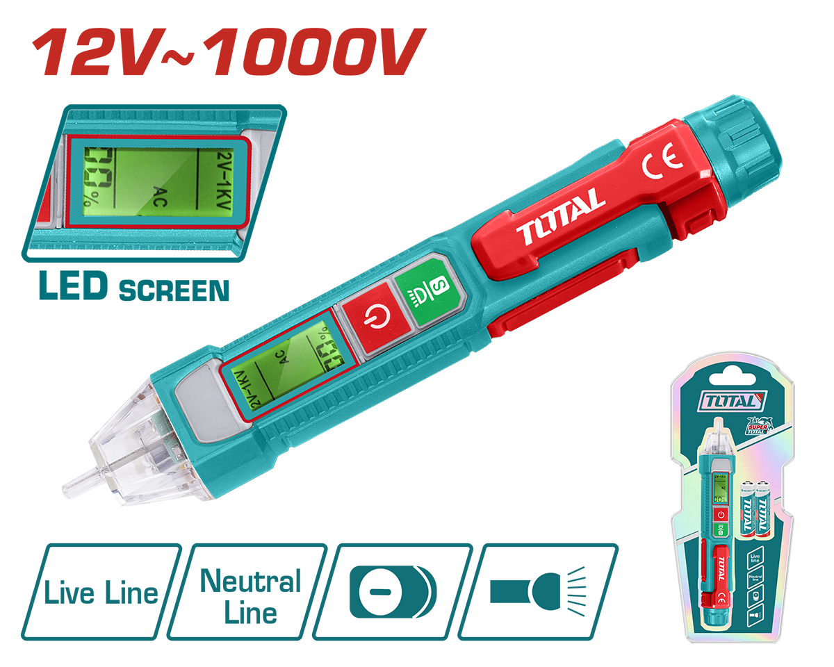 Detector tensiune TOTAL 12V–1000V AC, fara contact, LED, alarma sonora si luminoasa