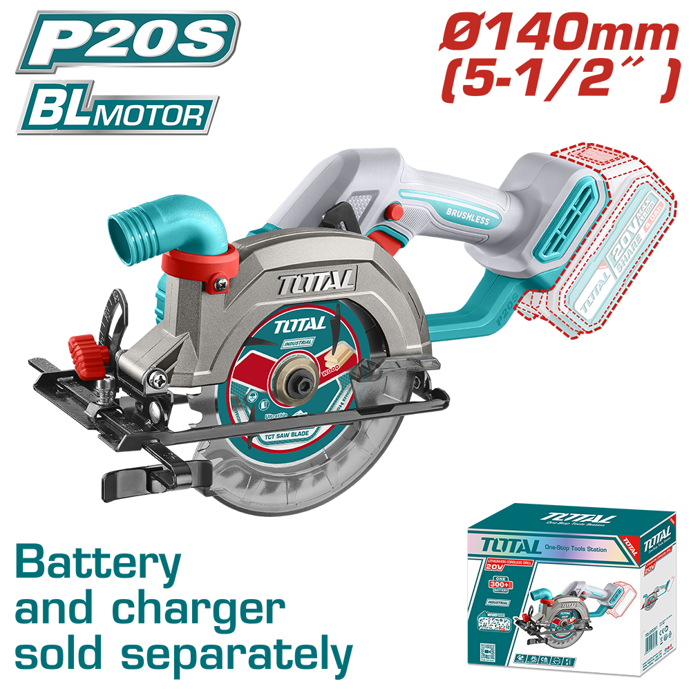 Fierastrau circular TOTAL 20V, disc 140 mm, motor fara perii, fara acumulator si incarcator