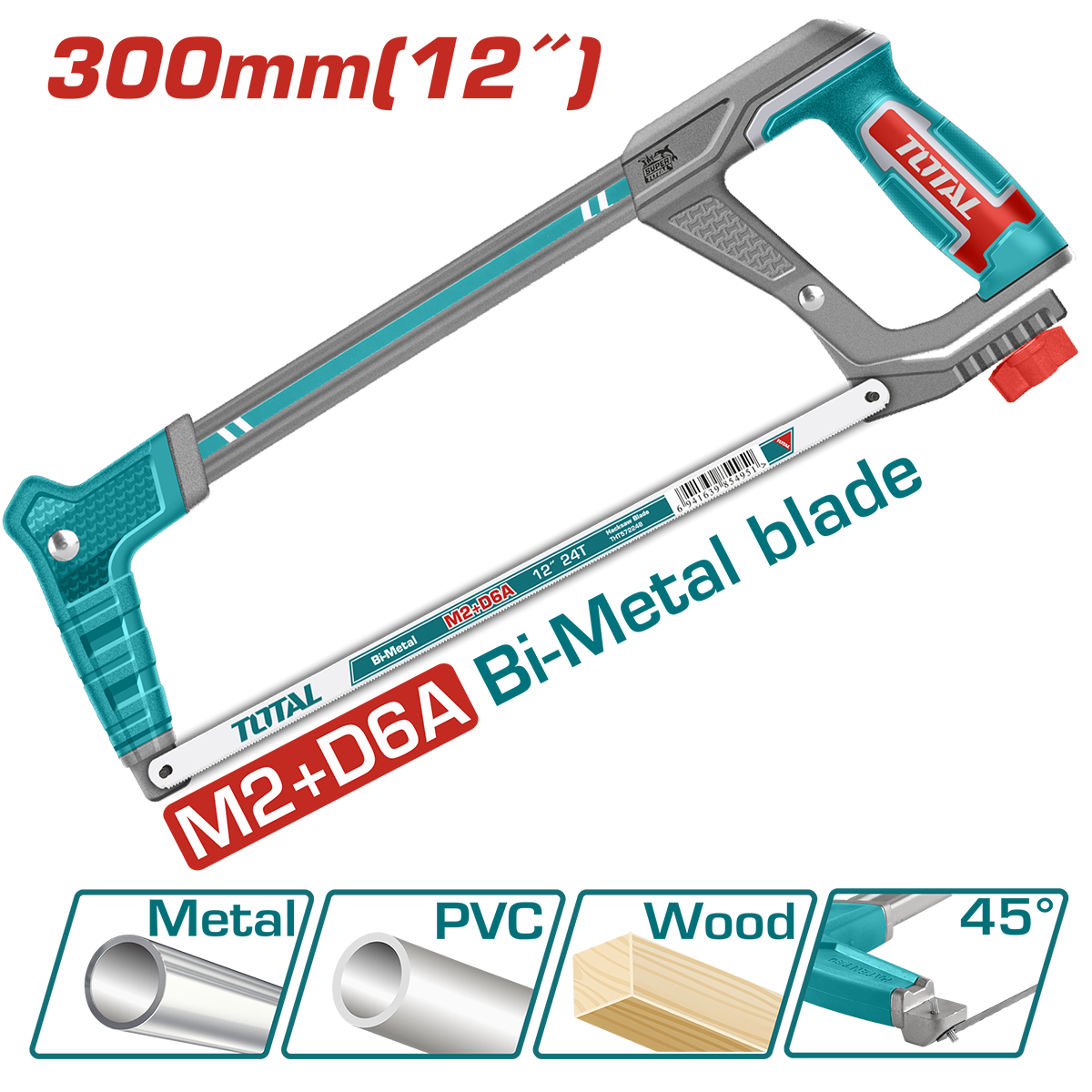 Fierastrau cu cadru metalic TOTAL Industrial 300 mm (12”), lama bimetalica 24 TPI, unghi reglabil 45° / 90°