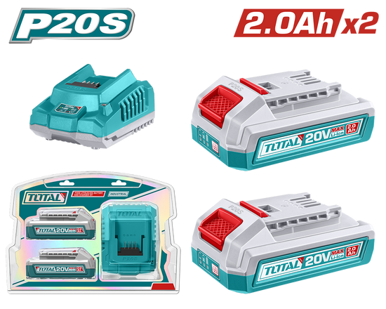 Kit TOTAL 2 baterii Li-Ion 20V 2.0Ah + incarcator rapid P20S