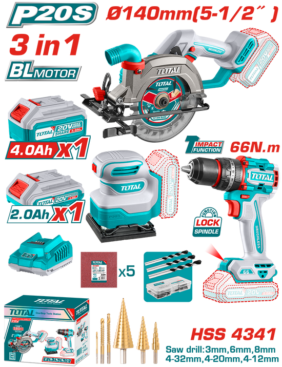 Kit combo TOTAL 20V – fierastrau circular, masina de gaurit cu impact, slefuitor, 2 acumulatori, incarcator