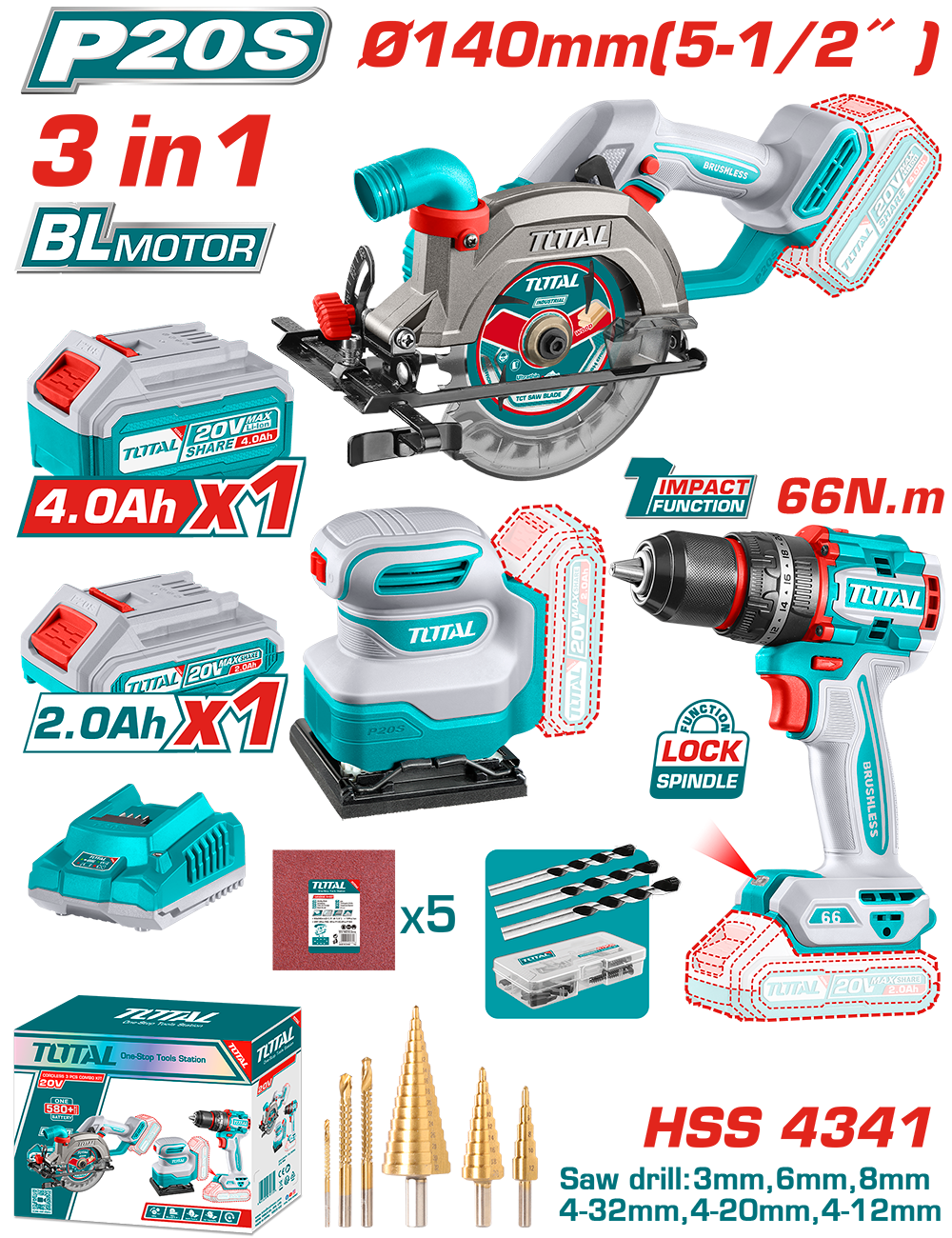 Kit combo TOTAL 20V – fierastrau circular, masina de gaurit cu impact, slefuitor, 2 acumulatori, incarcator