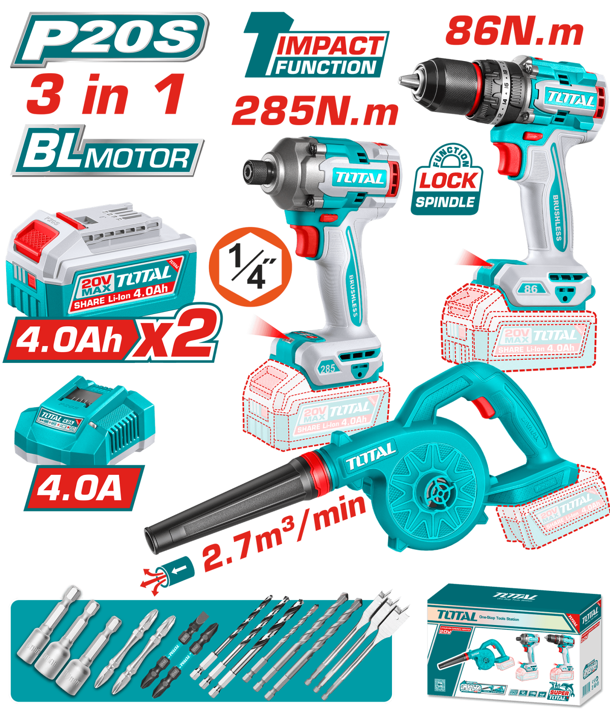 Kit combo TOTAL 20V cu masina de gaurit cu percutie, masina de insurubat cu impact si suflanta, 2 baterii 4.0Ah