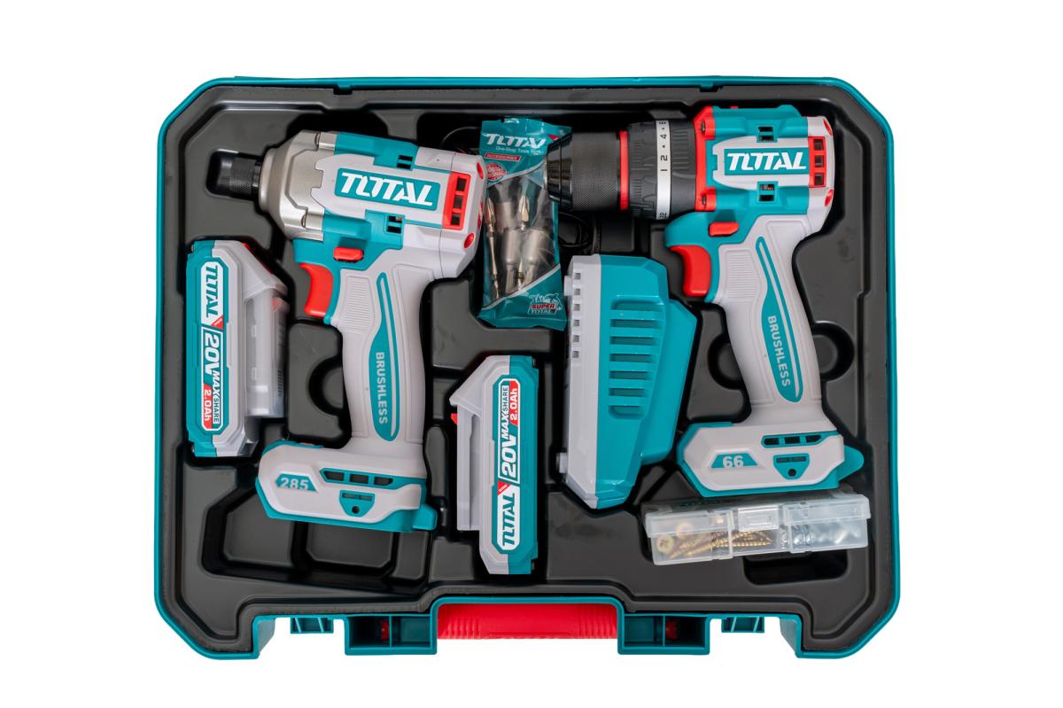 Kit Combo TOTAL 20V 2.0Ah – Masina de gaurit cu impact 66Nm + Masina de insurubat cu impact 285Nm, 2 acumulatori, incarcator