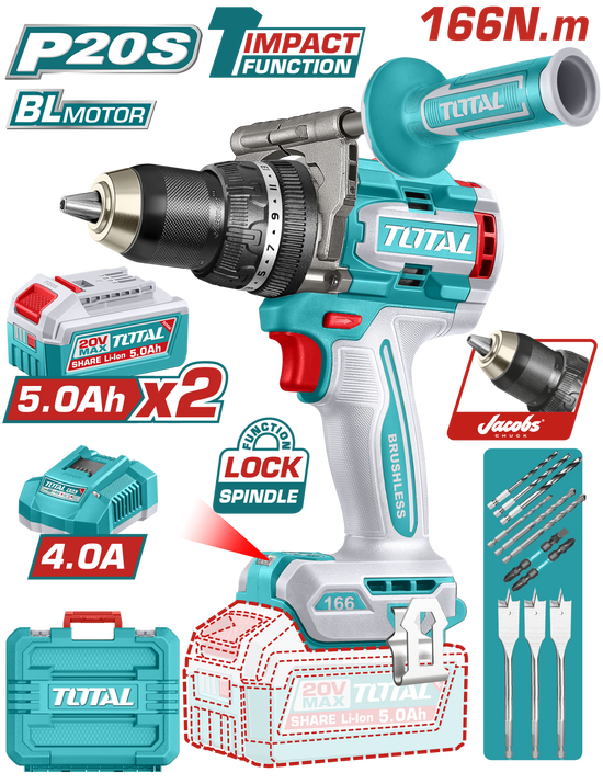 Masina de gaurit cu percutie TOTAL 20V, brushless, 166 Nm, 2 acumulatori 5.0Ah, incarcator inclus