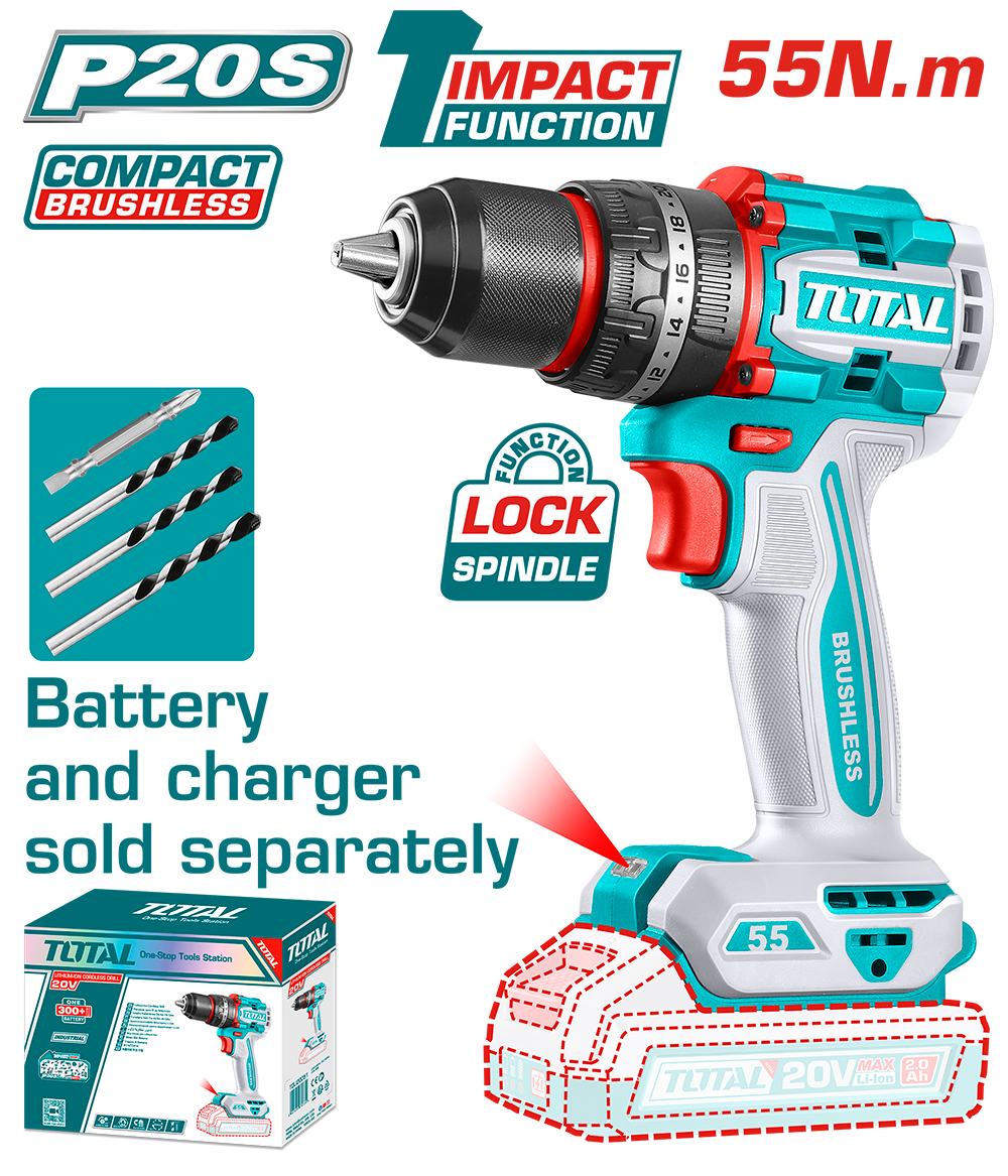Masina de gaurit cu percutie TOTAL 20V, 55 Nm, motor fara perii (FARA acumulator si incarcator)
