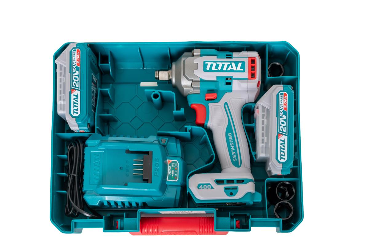 Masina de insurubat cu impact TOTAL 20V, 400 Nm, 1/2”, Brushless (2 acumulatori + incarcator)