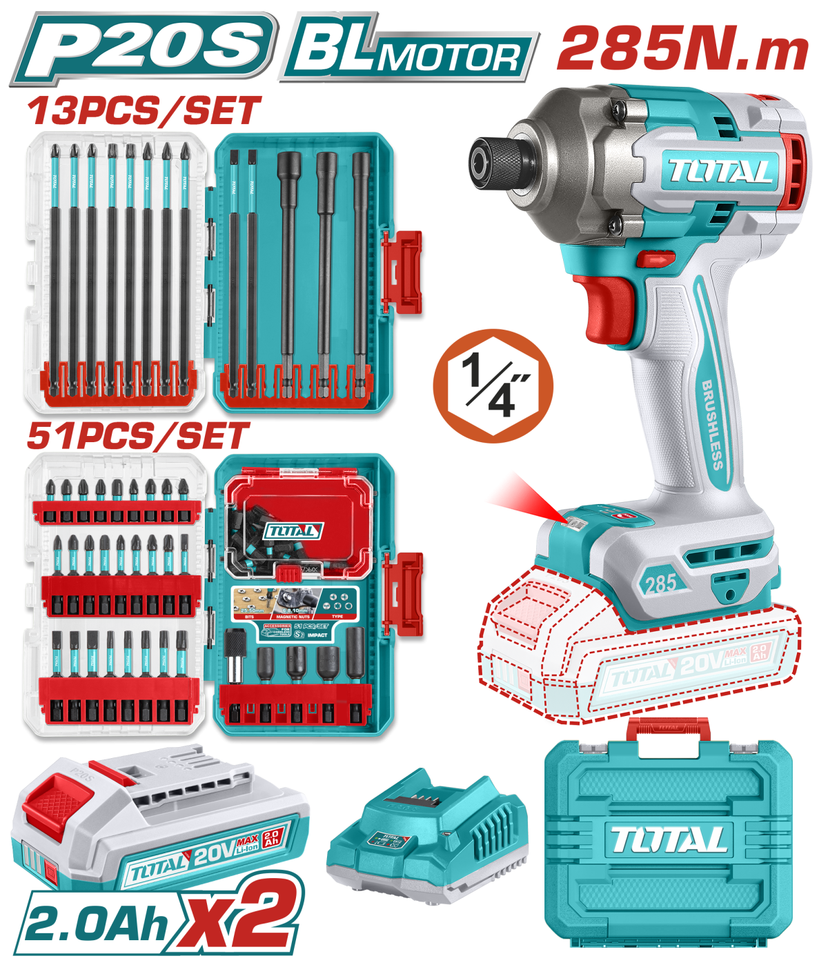 Masina de insurubat cu impact TOTAL 20V, 285 Nm, 64 biti impact, 2 acumulatori 2.0Ah, incarcator inclus