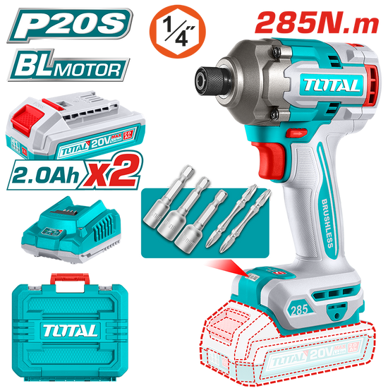 Masina de insurubat cu impact TOTAL 20V, 285 Nm, Li-Ion 2.0Ah (include 2 acumulatori si incarcator)