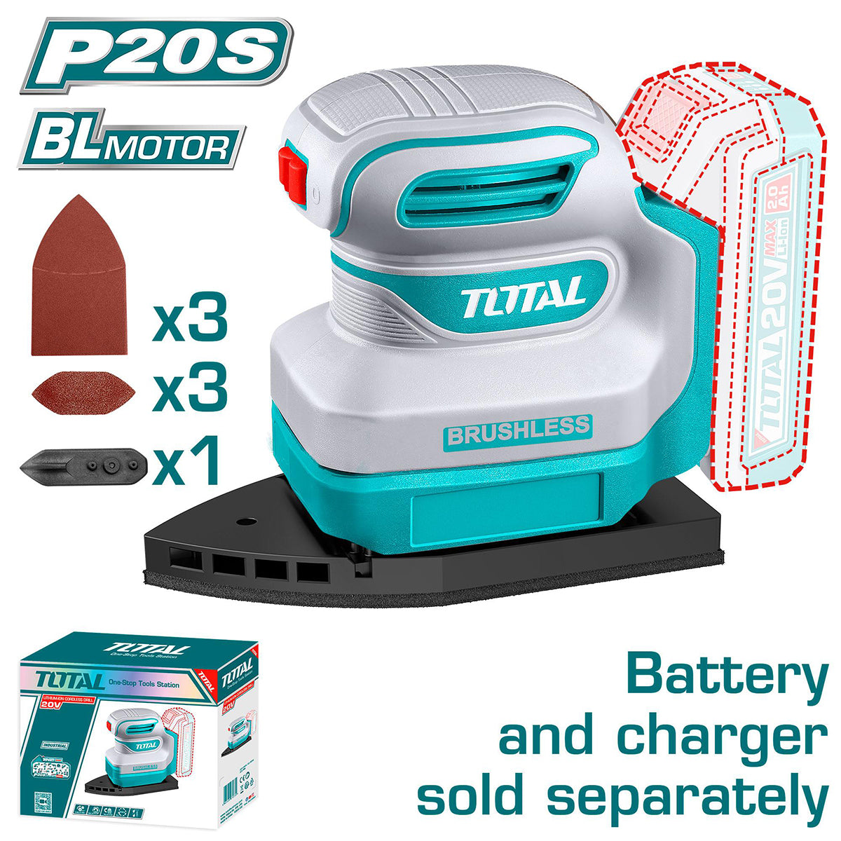 Masina de slefuit cu talpa delta TOTAL 20V, brushless, Li-Ion, fara acumulator
