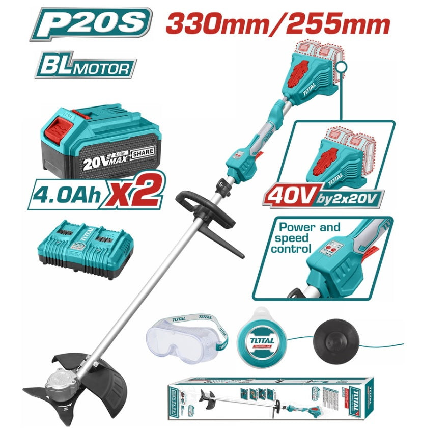 Motocoasa si trimmer TOTAL Li-Ion 40V, motor brushless, 2 baterii 4.0Ah, incarcator dublu inclus