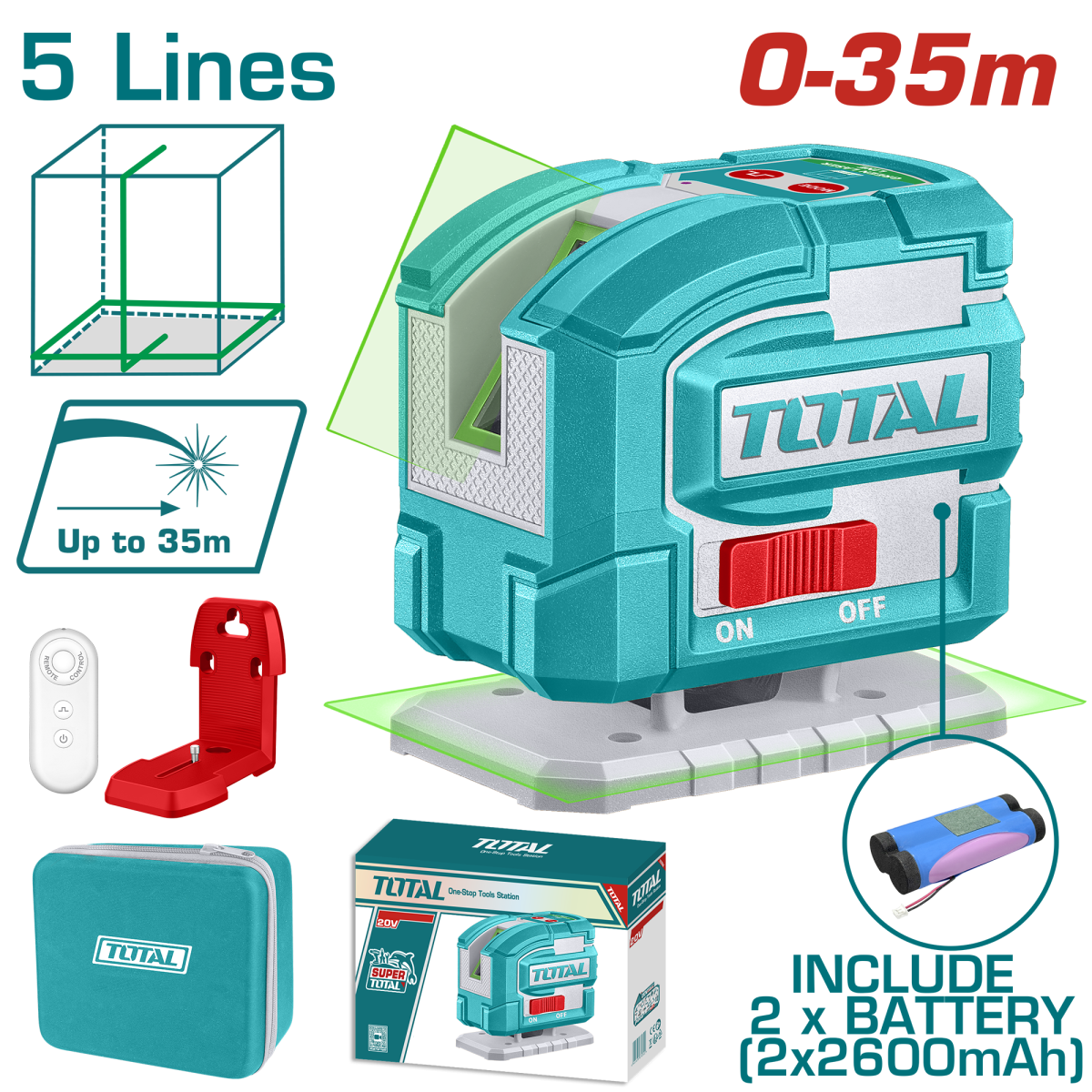 Nivela laser TOTAL verde 0–35 m, autonivelanta, linie 360°, incarcare USB C