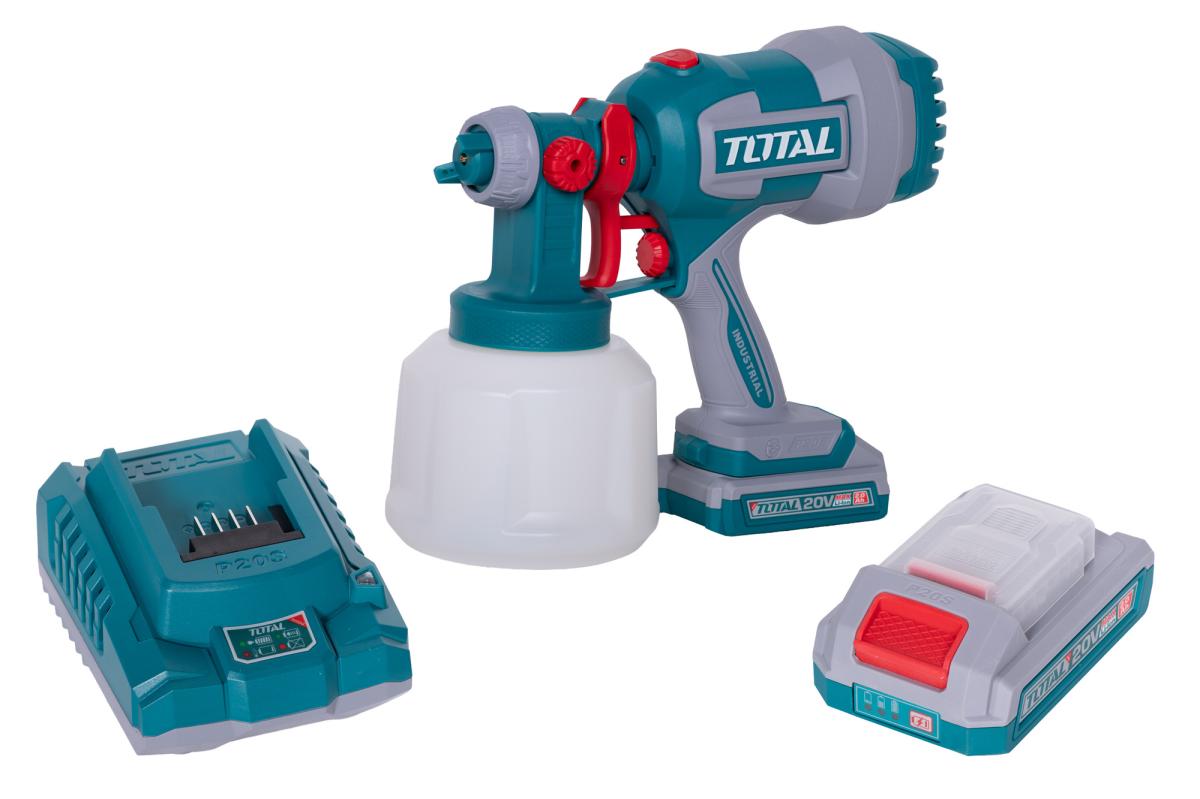 Pistol de vopsit TOTAL 20V, rezervor 1000 ml, debit 800 ml/min, pulverizare reglabila, cu acumulator si incarcator