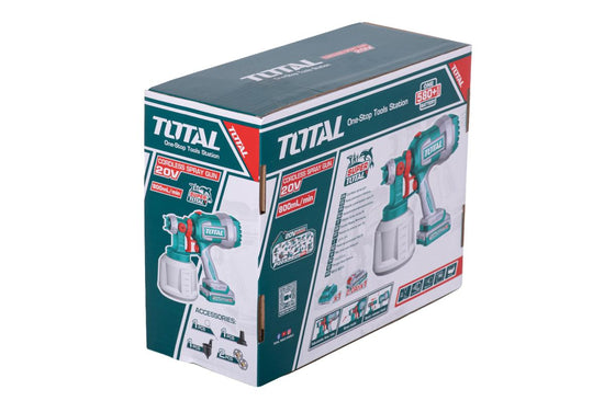 Pistol de vopsit TOTAL 20V, rezervor 1000 ml, debit 800 ml/min, pulverizare reglabila, cu acumulator si incarcator