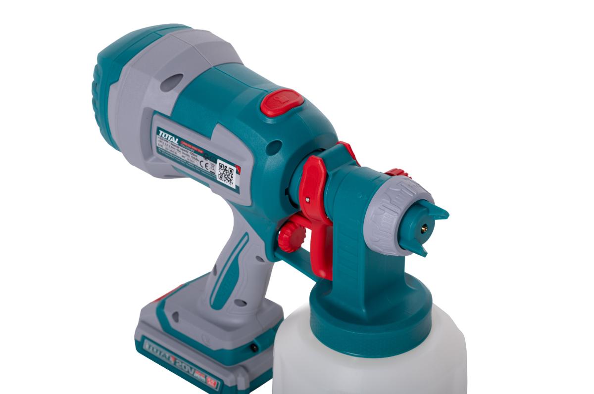 Pistol de vopsit TOTAL 20V, rezervor 1000 ml, debit 800 ml/min, pulverizare reglabila, cu acumulator si incarcator