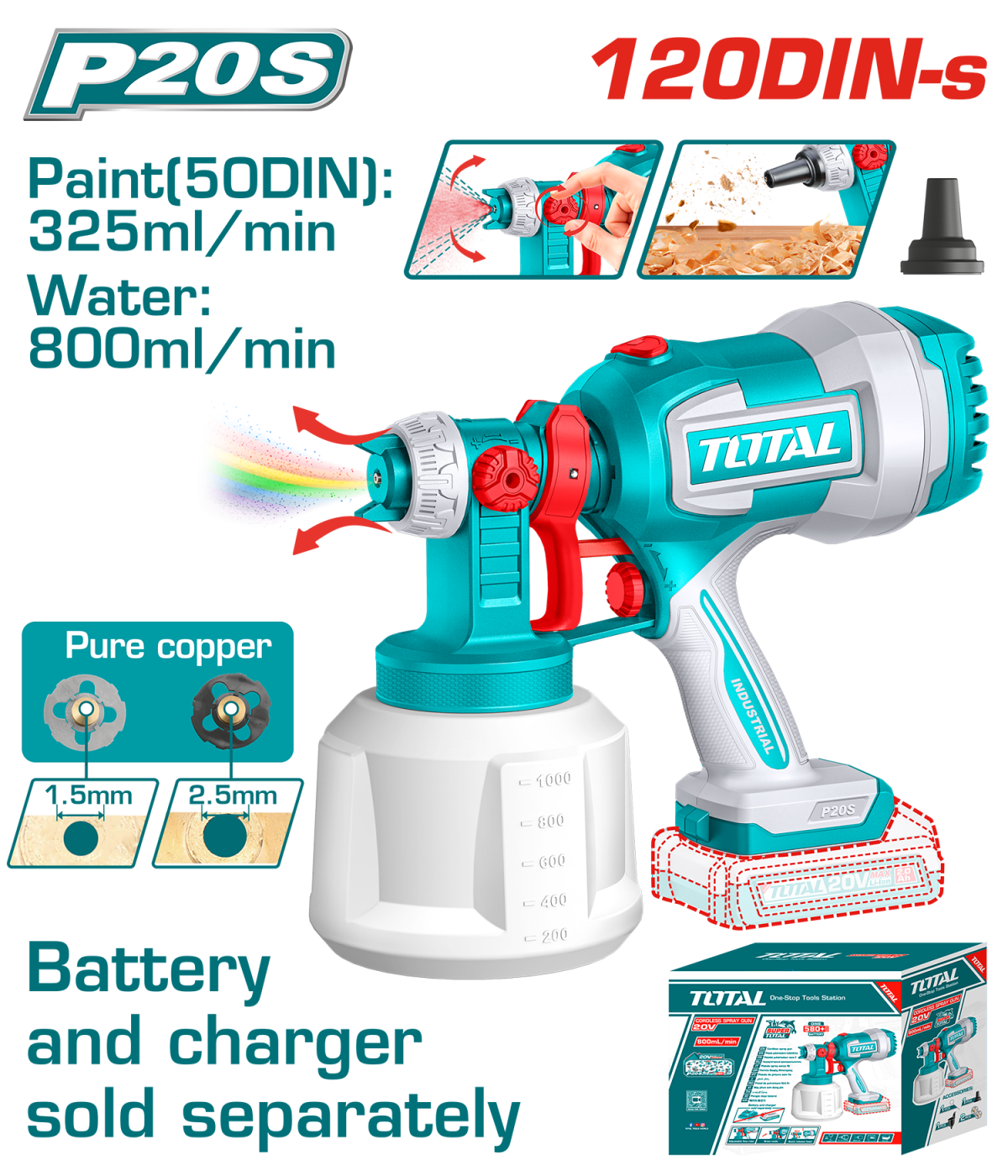 Pistol de vopsit TOTAL 20V Li-Ion, rezervor 1000 ml, debit 800 ml/min (FARA acumulator si incarcator)