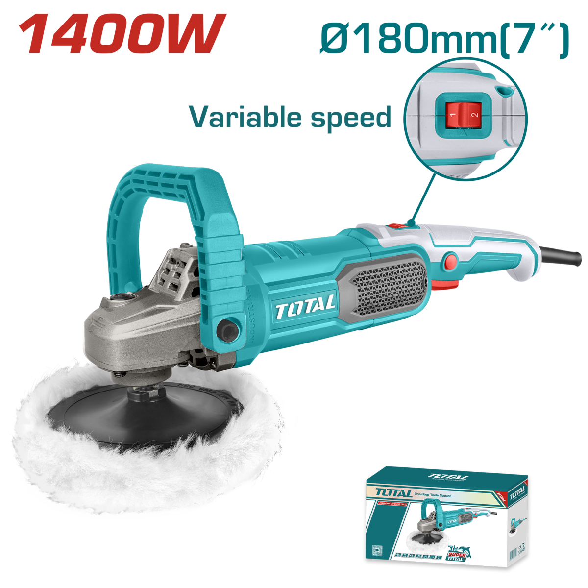 Masina de slefuit TOTAL 180 mm, 1400 W, viteza variabila, maner D, accesorii incluse