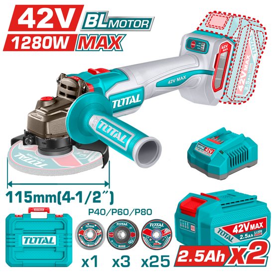 Polizor unghiular TOTAL 42V, 2,5ah 115mm 1280W brushless cu 2 acumulatori si incarcator