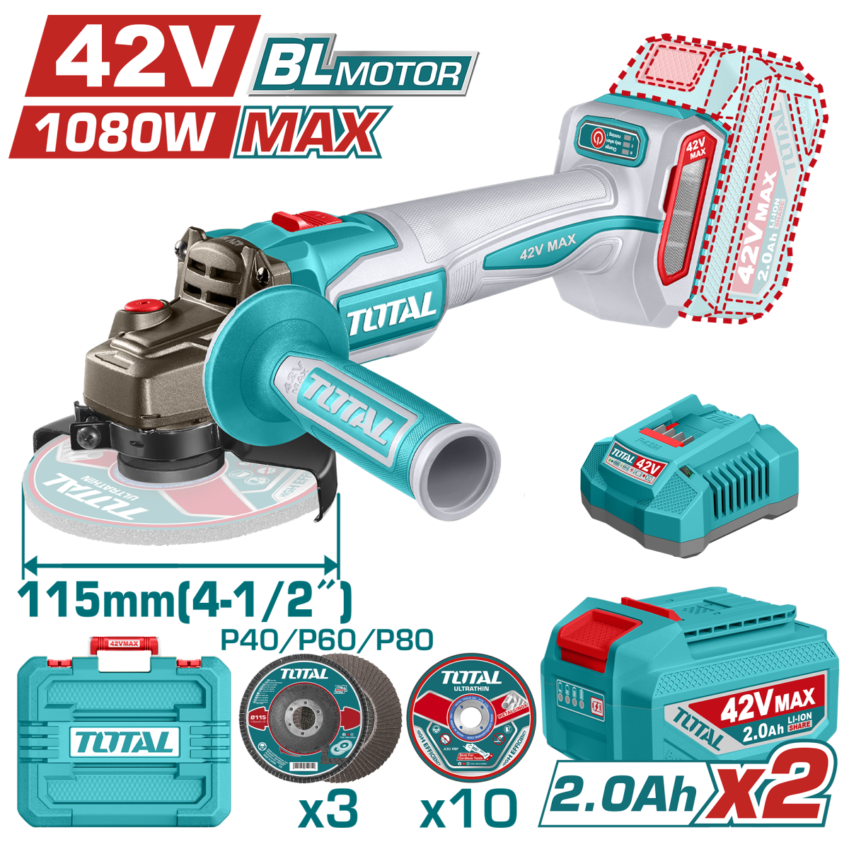Flex cu acumulator TOTAL 42V 115mm 1080W Brushless cu 2 baterii si incarcator