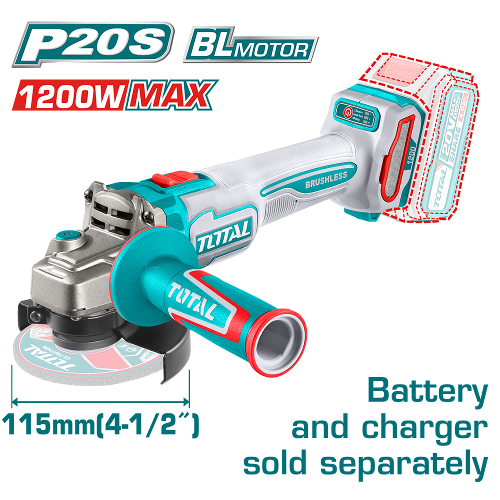 Polizor unghiular TOTAL 20V, motor fara perii, disc 115 mm (FARA acumulator si incarcator)
